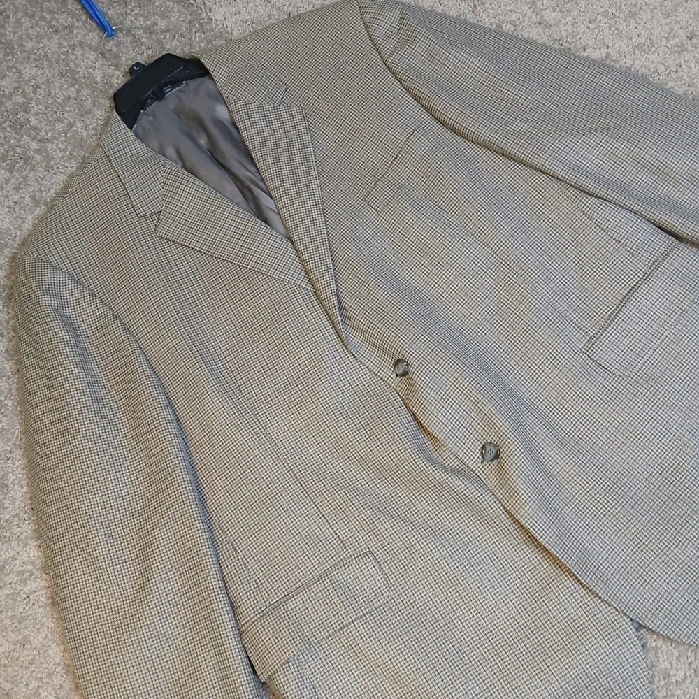 Andrew Fezza Mens Worsted Wool Blazer Houndstooth Sport Coat Tan Grey Size 52L